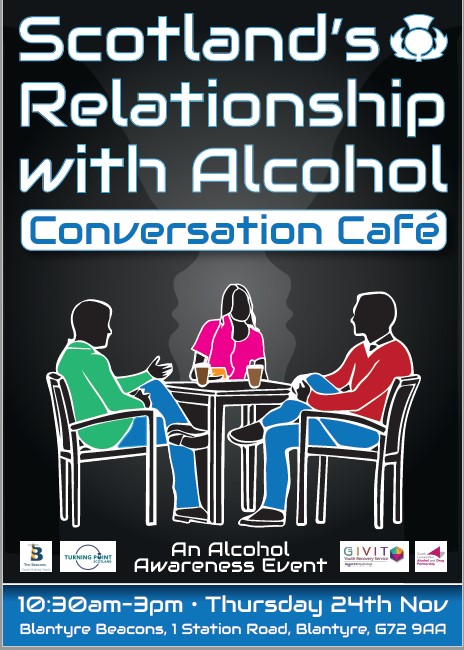 Scotlands Relationship with Alcohol Conversation Cafe 10:30am - 3pm, Blantyre Beacons, Thursday 24th November