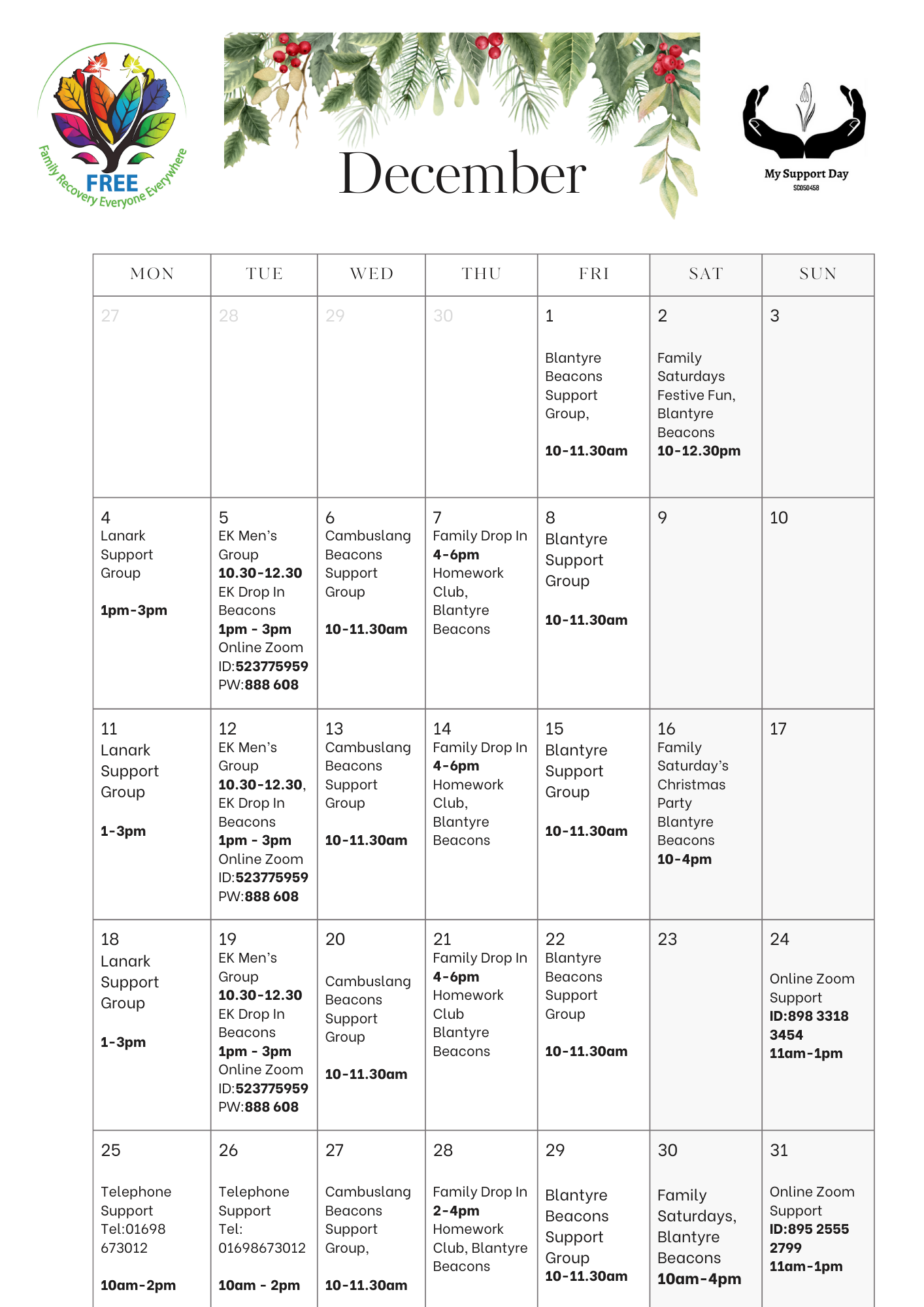 My Support Day – December Planner – South Lanarkshire ADP